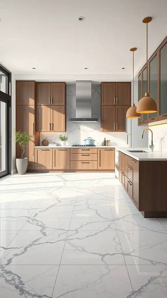 A modern kitchen with marble flooring and wooden cabinets.