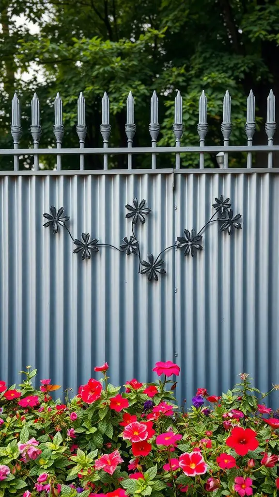 Metal art accent on a backyard fence with colorful flowers.