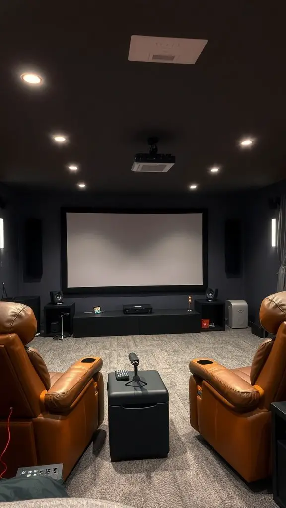 Cozy mini home theater featuring recliners, a projector, and a large screen.