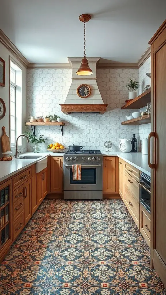 A kitchen featuring mosaic tile flooring with a floral design, wooden cabinets, and a modern stove.