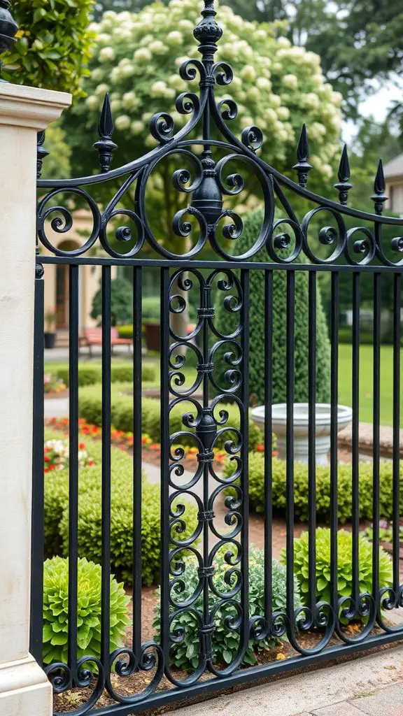 A decorative black iron gate with intricate designs, surrounded by lush greenery and colorful flowers.