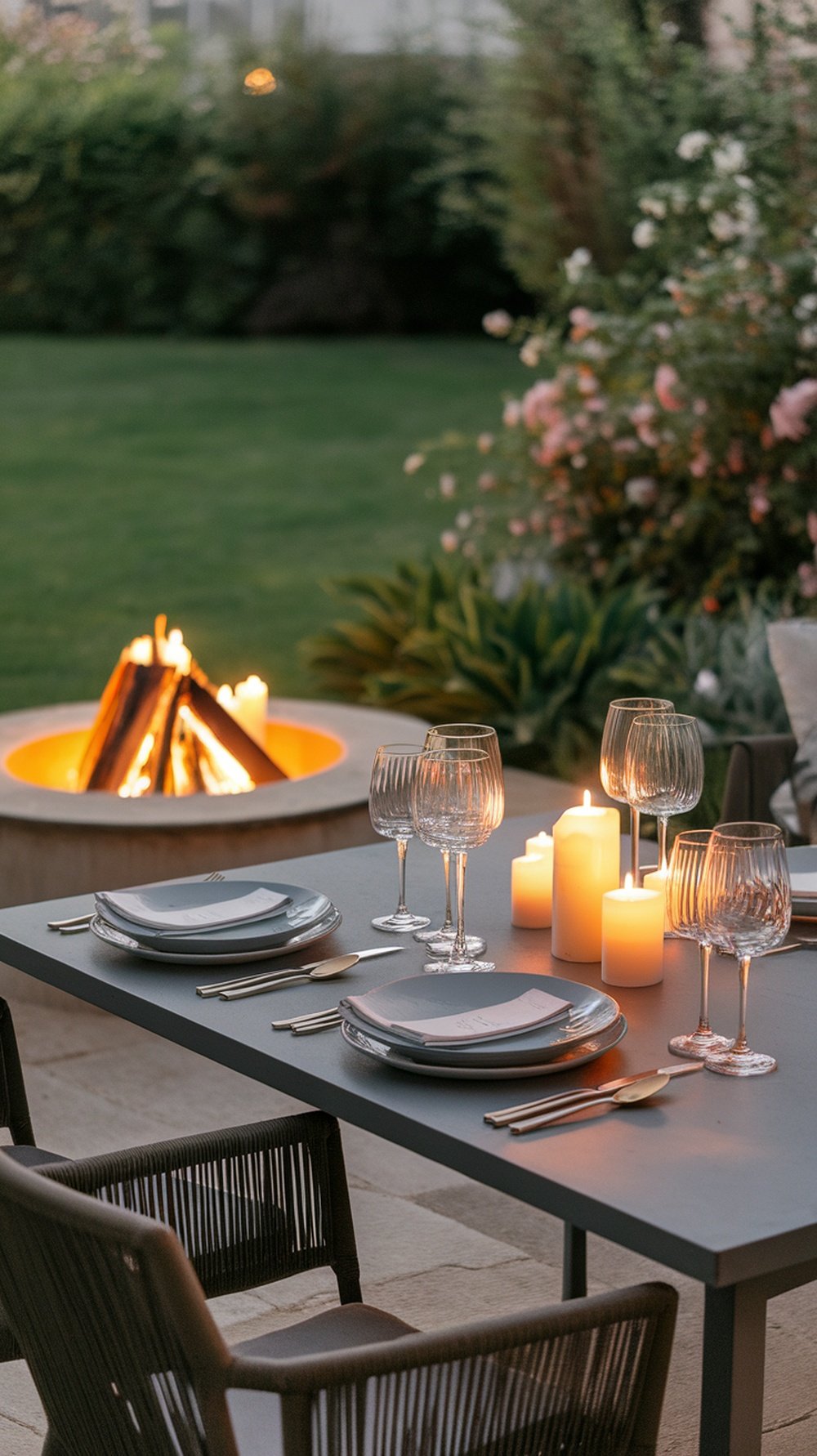 A cozy outdoor dining setup featuring a firepit, plates, and candles.