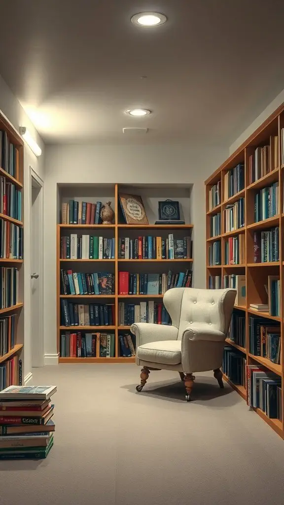 A cozy reading nook with a comfortable armchair and bookshelves filled with books in a basement.