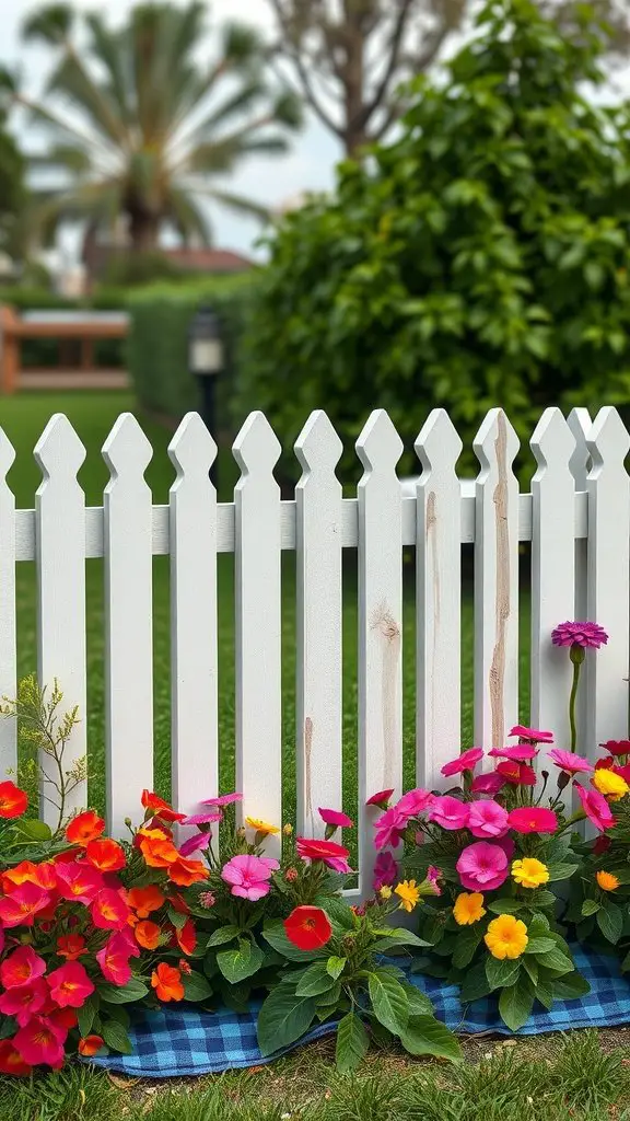 A decorative white picket fence with vibrant flowers at its base.