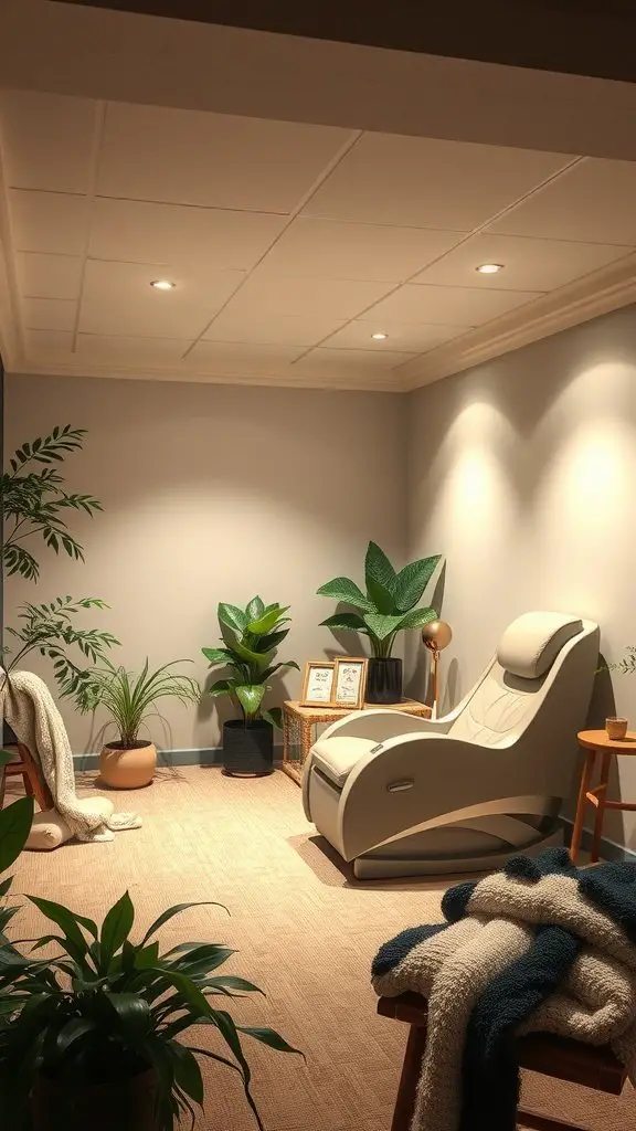 Cozy relaxation space featuring a massage chair and plants.