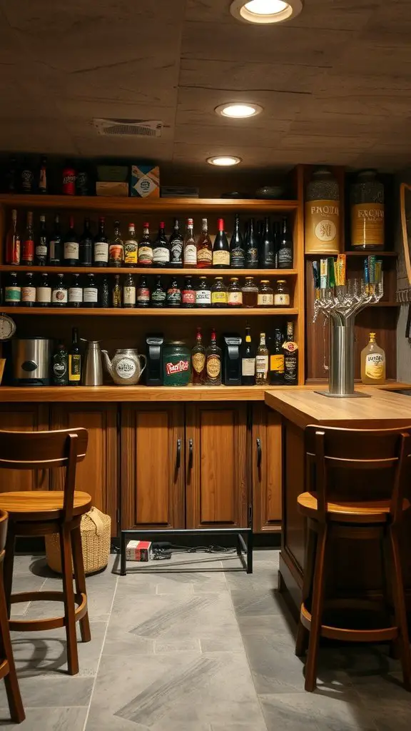 A cozy rustic bar setup in a basement with wooden stools and shelves filled with various drinks.