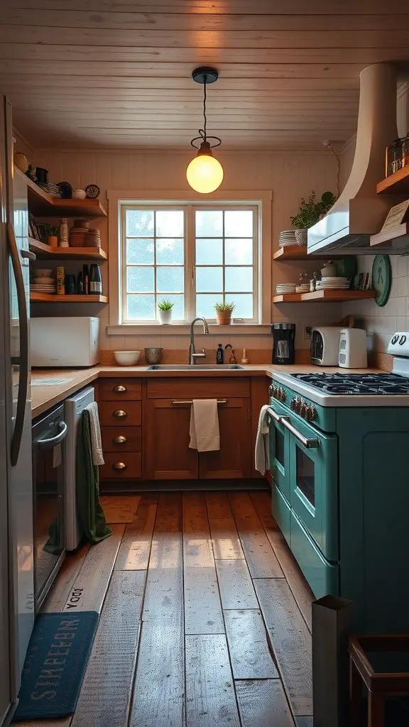 A cozy kitchen featuring reclaimed wood flooring with warm tones.