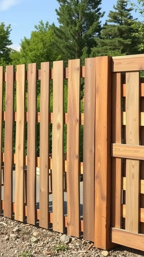 A rustic wooden fence made from pallets surrounded by greenery.