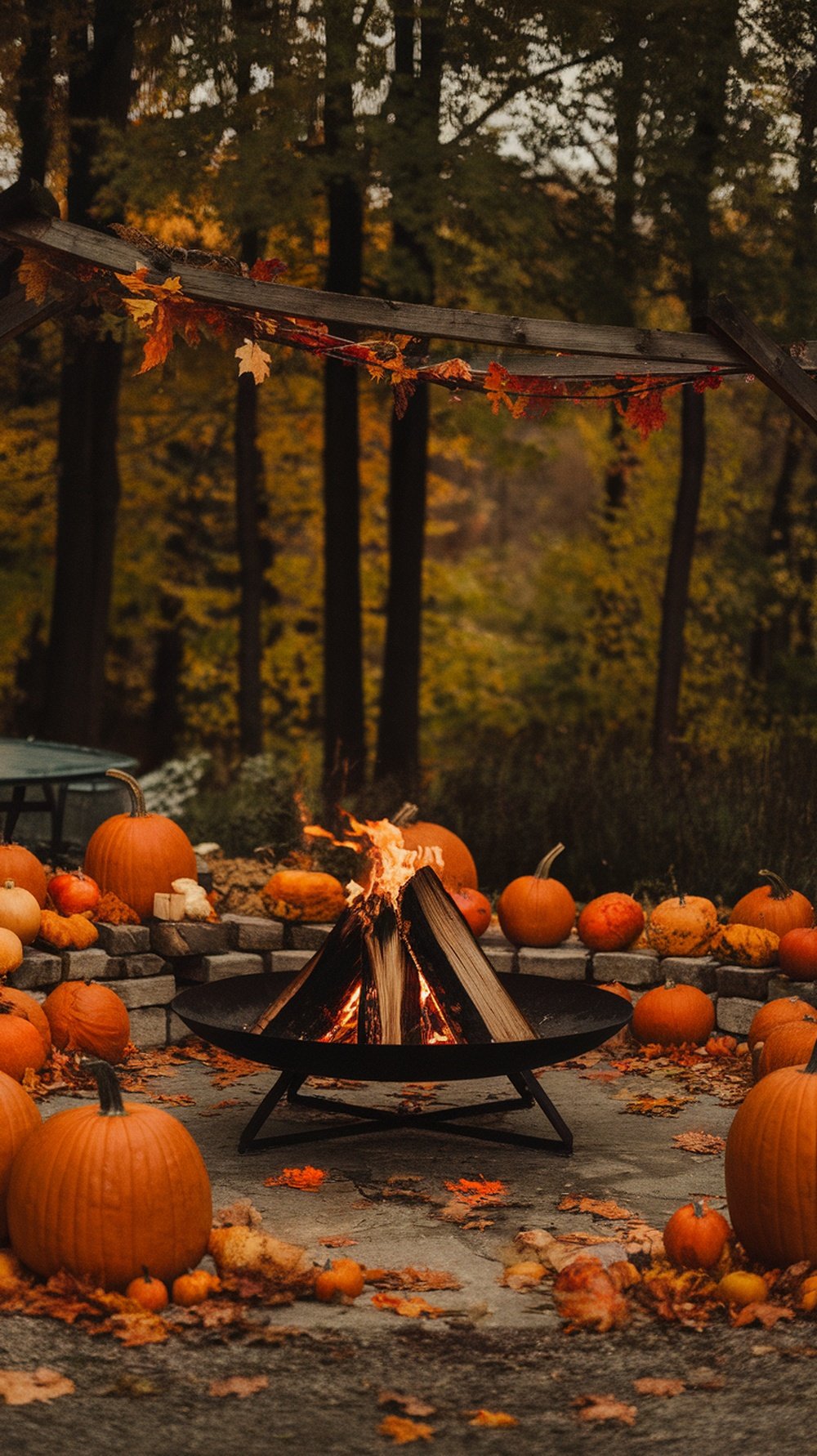 A cozy firepit surrounded by pumpkins and autumn leaves in a backyard setting.