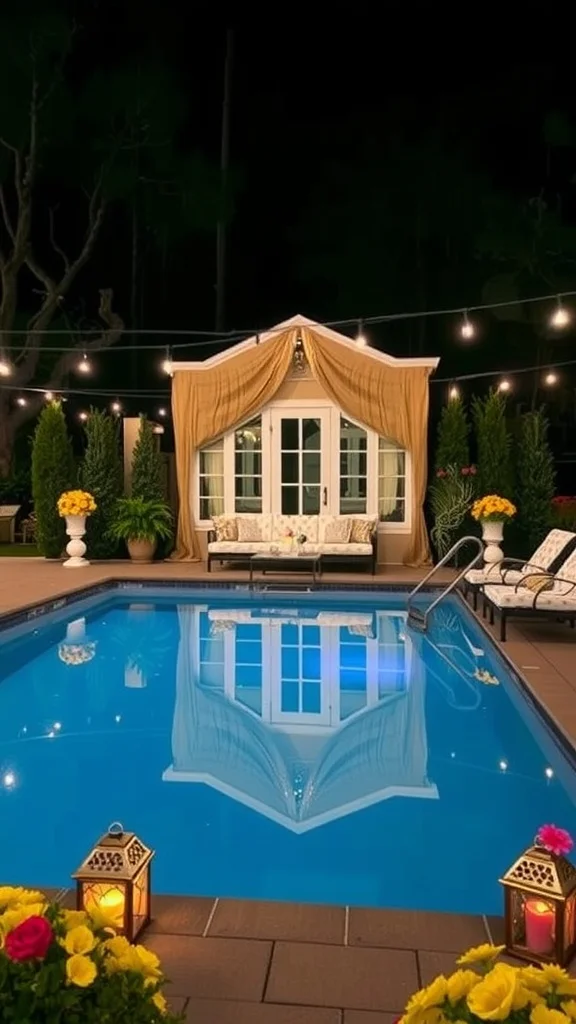 A beautifully decorated pool area with lights, flowers, and cozy seating.