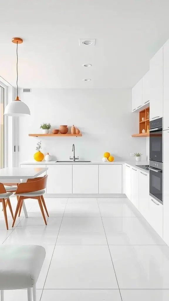 A modern kitchen with sleek white porcelain tiles, bright orange accents, and minimalist decor.