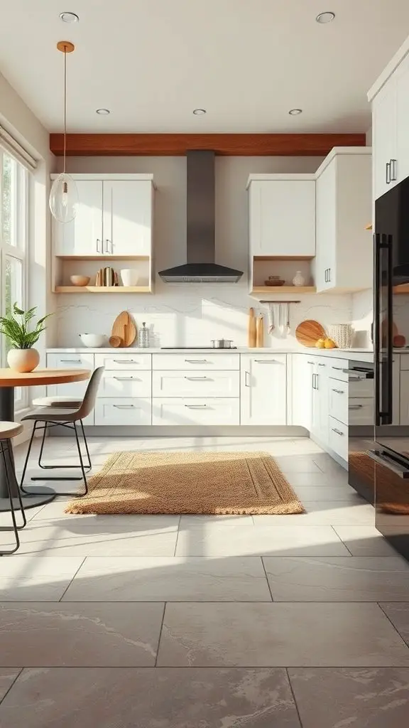 A cozy kitchen featuring a soft area rug on stone flooring, with modern cabinets and a warm color palette.