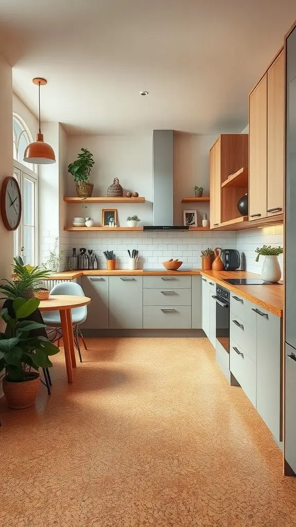 A modern kitchen featuring stylish cork flooring, grey cabinets, wooden countertops, and greenery.