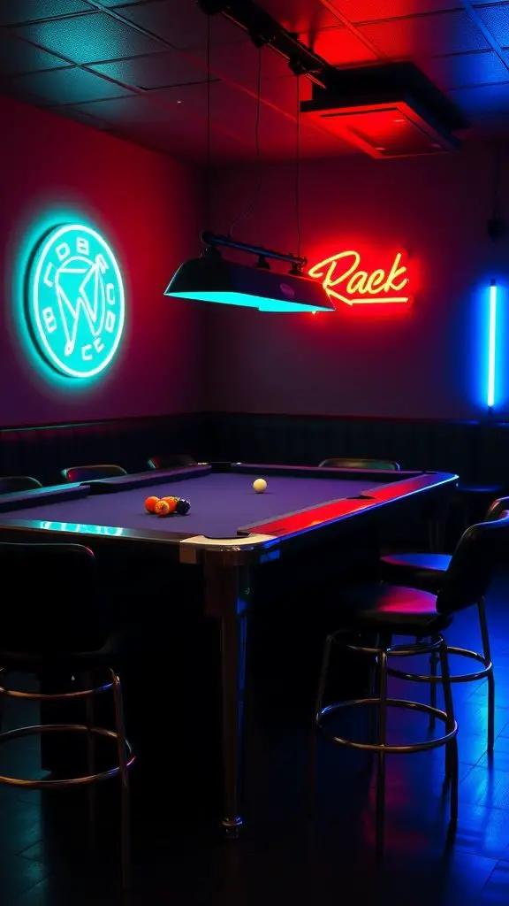 Stylish pool table area with neon lighting and modern seating.