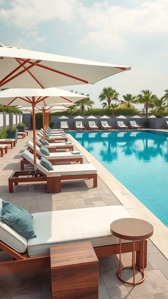 Stylish poolside furniture with loungers and umbrellas by a blue pool.