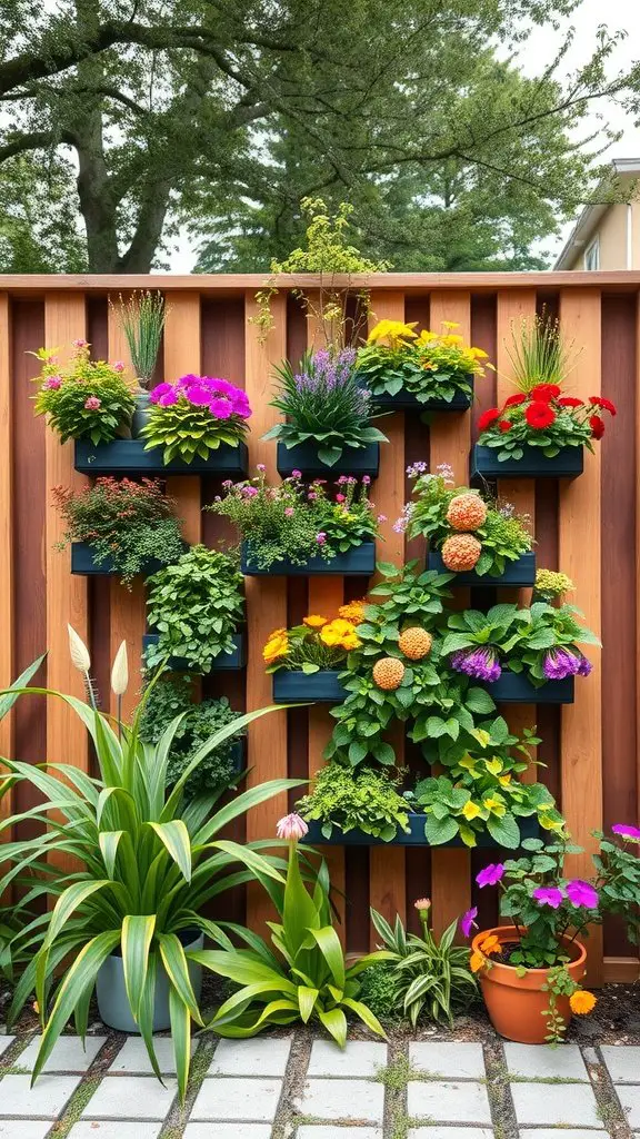 A vertical garden on a wooden fence with colorful flowers and plants.