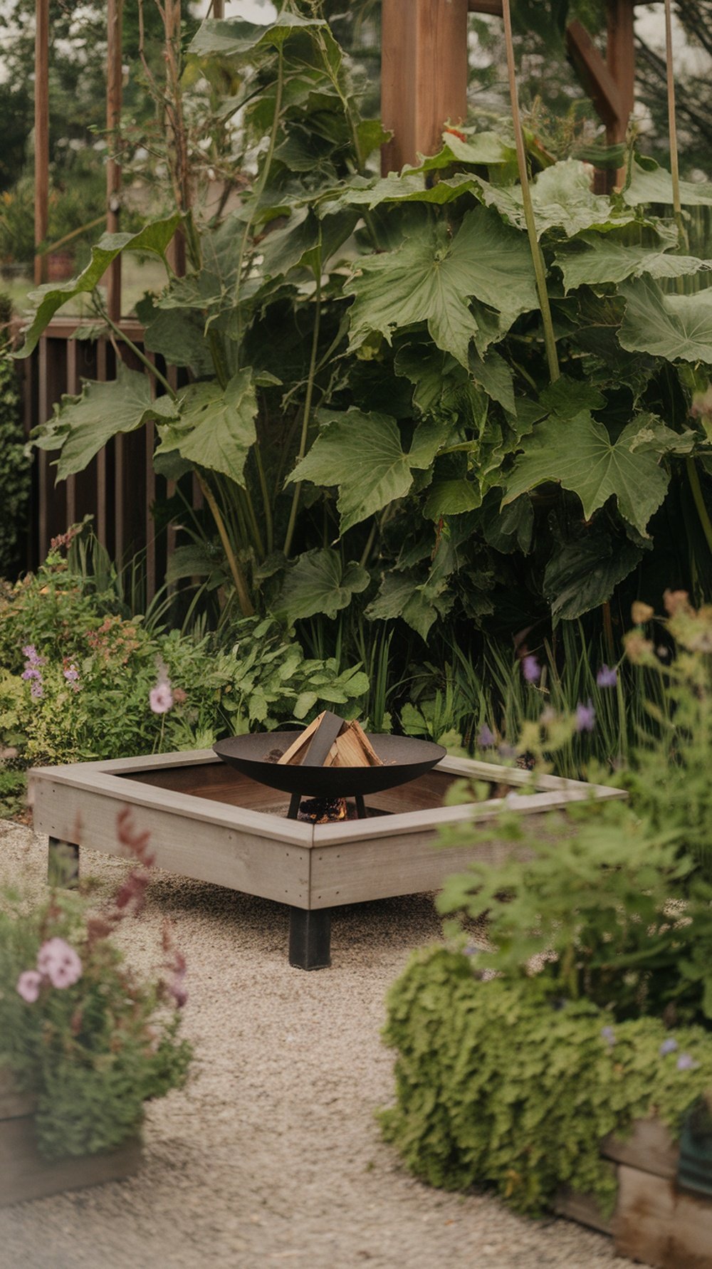 A cozy firepit surrounded by lush plants and flowers.