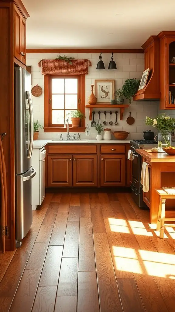 A warm kitchen with hardwood flooring and wooden cabinets.