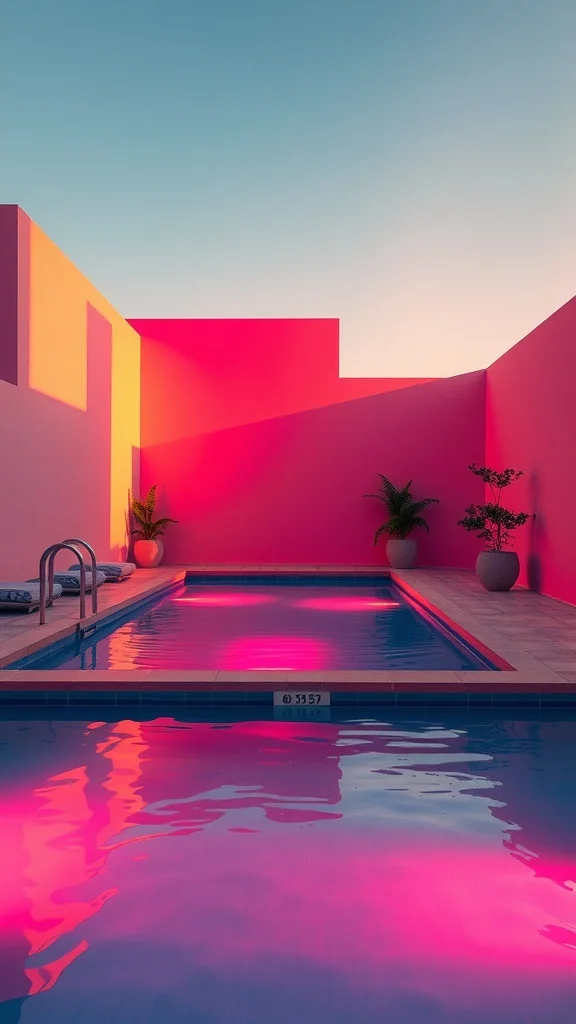A vibrant pool area with pink walls reflecting colorful lights in the water.
