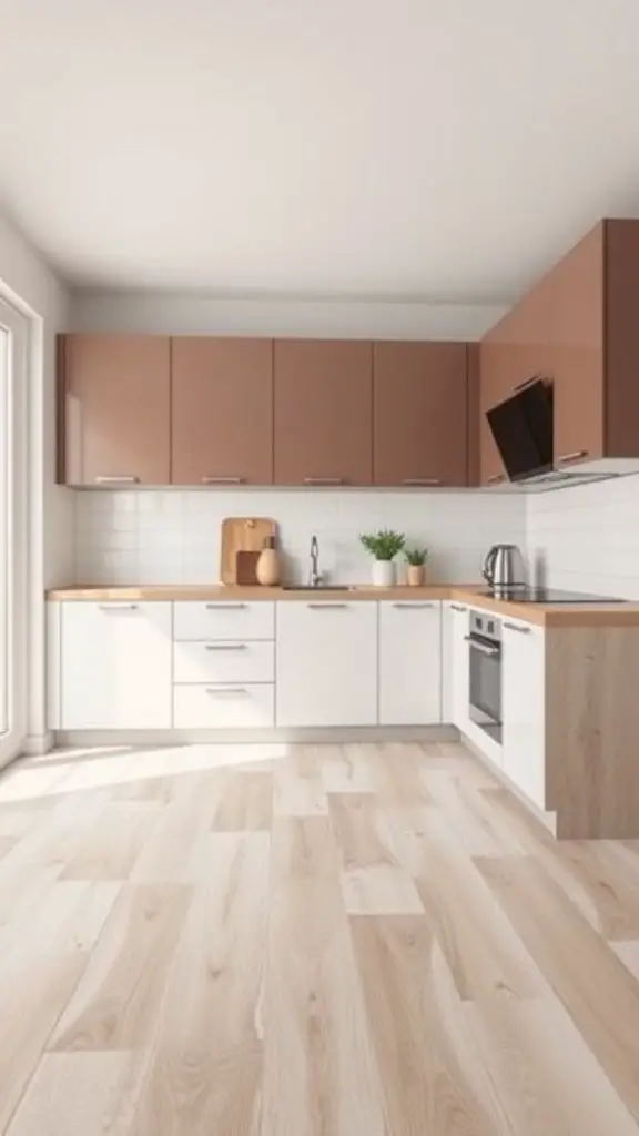 A modern kitchen featuring vinyl flooring with a warm wood-like appearance.