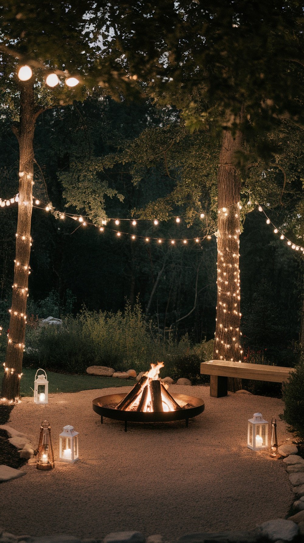 Backyard firepit area with string lights and lanterns