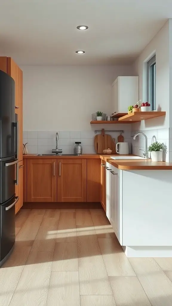 Modern kitchen with water-resistant laminate flooring, featuring wooden cabinets and open shelving.